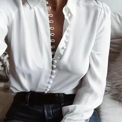 Women Blouse Office Vacation Spring Autumn Lapel Neck Long Sleeves Button Down • $27.04