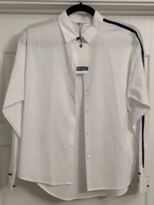$25 • Buy NWT ZARA Women White Button-up Pearl Cuff Velvet Stripe Shirt Blouse XS X-Small