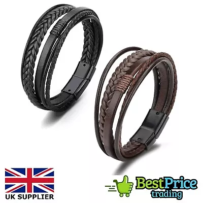 Men's Leather Multilayer Braid Bracelet Black / Brown Wristband Bangle Cuff Gift • £4.29