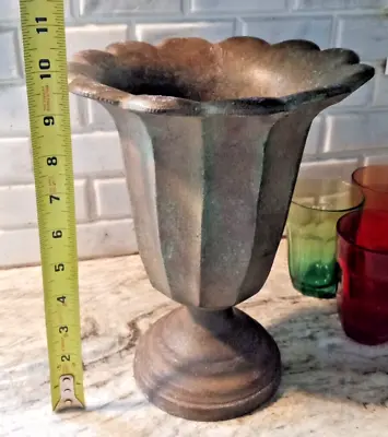 Vintage URN Tulip Vase Scalloped Retro Metal Patina • $100