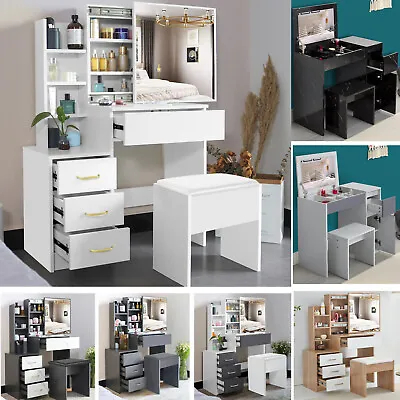 Dressing Table With Drawers Mirror Stool Set Makeup Desk Vanity Table Bedroom • £119.99