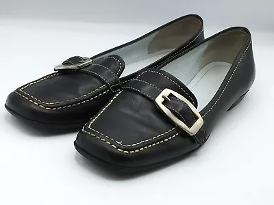 Michelle D Allaround Black Leather Loafers Womens 9 M Flats White Stitching • $14.45