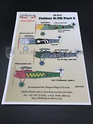 Lifelike Decals 1/32 32-017 Fokker D.VII Part 2 (Canadian Seller) • $15.37