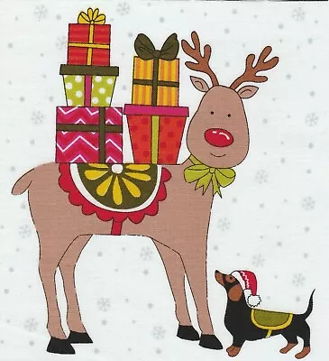 Fabric Picture Panel Christmas Reindeer & Dachshund  13 X 15cm Quilting Block • £1.55