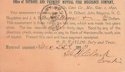 Postcard ~ Harrisonville Missouri Farmer's Mutual Fire Ins. Co. Receipt - 1890 • $2.95