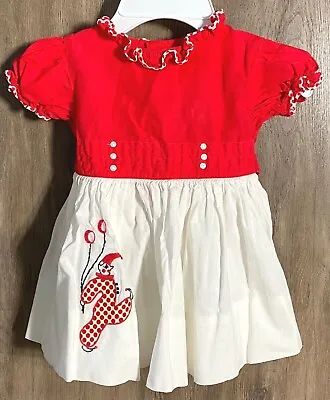 Vintage Nannette Toddler Girl's Red White Embroidered Clown Party Dress USA • $26.99