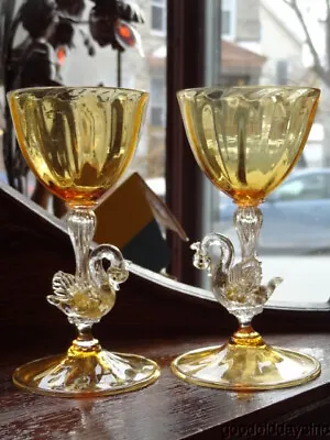 Salviati Venetian Murano Hand Blown Swan Wine Glasses With Gold Flecks • $275