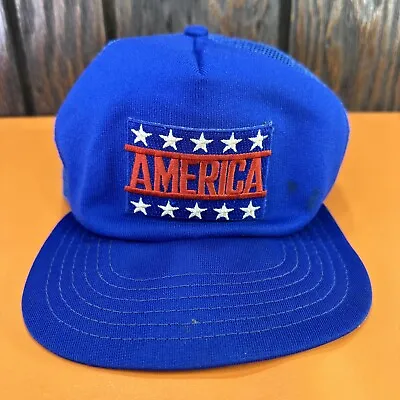 Vintage AMERICA Trucker Hat Snapback Cap Made In USA Well Worn Blue Mesh Patch • $10