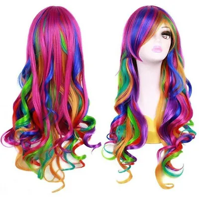 Women Rainbow Wigs Curly Wavy Full Wig Long Hair Hair Party Cosplay Costume Home • £11.39