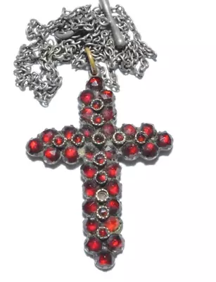 £34.99 • Buy Beautiful Vintage Czech Rose Cut Bohemian Garnet Cross Necklace And Silver Chain