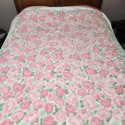 VTG Satin Trim Blanket Full/Queen White Pink Floral Roses Cottage Core 84x72 • $44.73