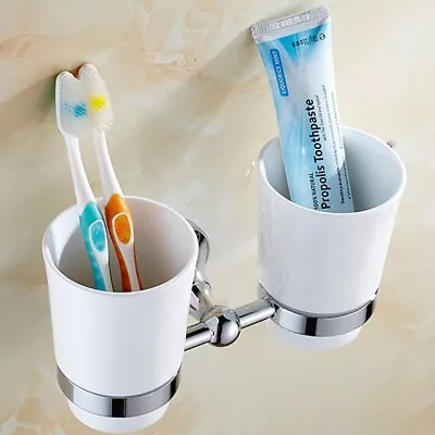 £44.39 • Buy Polished Chrome Wall Mount Bathroom Tooth Brush Holder With Dual Ceramic Cups