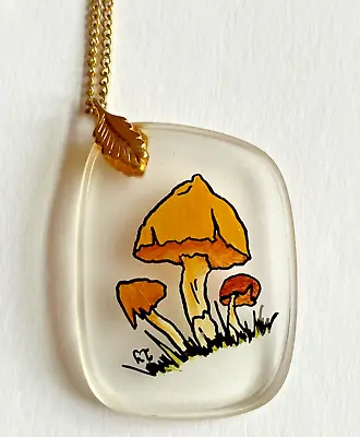 Vintage Mushroom Glass Hand Painted Pendant Necklace Orange Retro Hippie Groovy • $17.99
