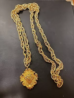 Stunning Long Vtg AVON Gold Tone Lion Head Pendant Statement Necklace 54  • $12.99