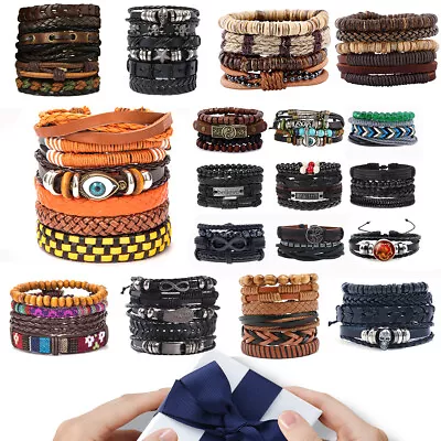 Surf Genuine Leather Bracelet Wristband Bangle Punk Beaded Wrap Mens Women Gifts • £5.99