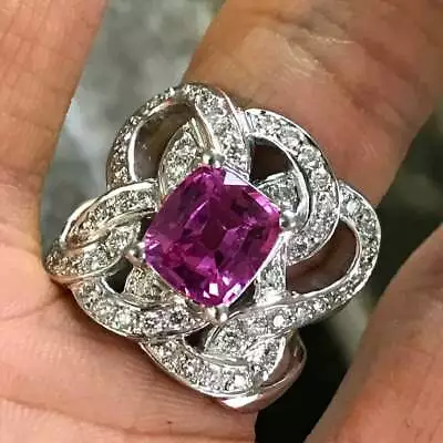 4.12 Carat Center Intense Pink Sapphire In 925 Sterling Silver With 2.CT CZ Ring • $240