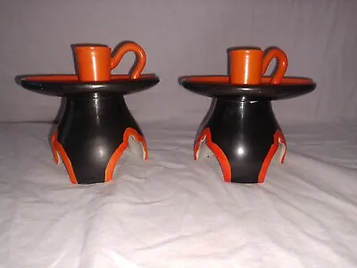 Pair Of Vintage Japanese Mitsu-boshi Orange & Black Tri-foot Candle Holders • $40