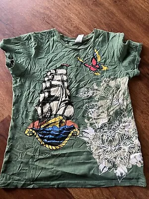 Vintage Ed Hardy T-Shirt Women's Size M Green Ship Floral Butterfly Colorful Y2K • £25.05