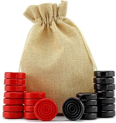 Black & Red Carved Stackable Wooden Checkers (24 Pieces) With Drawstring Bag • $9.99