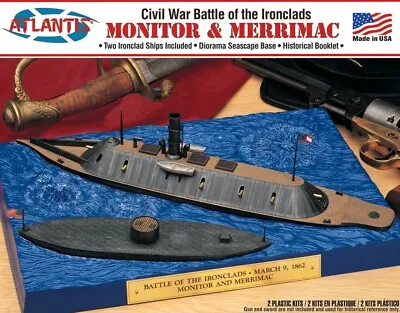 Atlantis Monitor And Merrimac  Model Kit - 2 Ship Set With Base - New / Unopened • $24.95