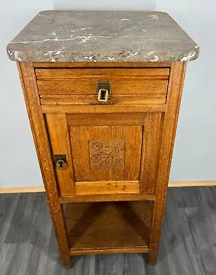 Carved French Antique Bedside Table Cupboard Cabinet With Marble Top (LOT 2906) • £199