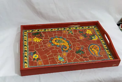 Vintage Wooden & Ceramic Tile Mosaic Serving Tray Paisley Farmhouse Chic • $17.99
