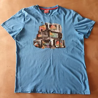 $15 • Buy Puma Tshirt Men's Blue Short Sleeve Size L  With Graphic Of TV'S