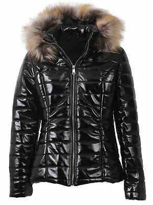 £25.99 • Buy Women's Quilted Puffer Wet Look Black Shiny Padded Jacket Fur Hooded Thick Coat