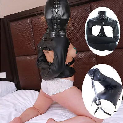 PU Leather Straightjacket Bondage Wear Body Harness Mask Hood Mermaid Leg Binder • $29.05