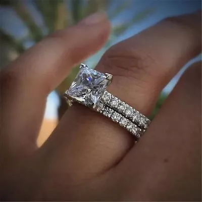 2 Ct Princess Cut Moissanite Engagement Ring Band Wedding Set White Gold Plated • $172.50