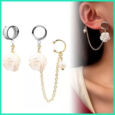 Pair Roses With Ear Cuff Ear Gauges Ear Plugs Ear Tunnels Body Jewelry Piercings • $16.37