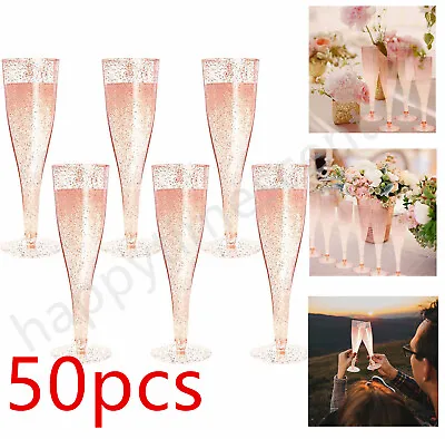 50pcs Disposable Rose Gold Plastic Wine Glasses 4.5OZ Champagne Flutes Wedding • $42.88