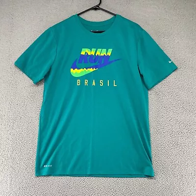 $17.05 • Buy Nike T Shirt Mens Large Graphic Run Brasil Short Sleeve Teal Blue Athletic Cut