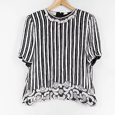 Laurence Kazar Top Blouse Womens 3X Black White Stripe Beaded Sequins Silk * • $39.99