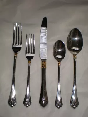 MIKASA 18/8 Stainless LYONS Gold Accent 5 Pc Place Setting Fork Spoon Knives • $59.95