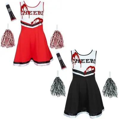 Girls Zombie Cheerleader Outfit Blood Halloween Kids High School Fancy Dress • £16.45