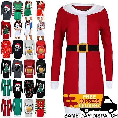 Womens Ladies Santa Costume Knitted Oversized Baggy Christmas Xmas Jumper Dress • £16.19