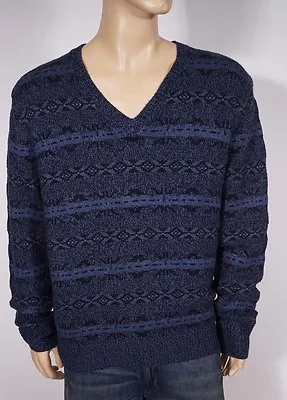 Polo Ralph Lauren Men's Navy Silk Linen Cotton V Neck Indian Blanket Sweater • $54.59