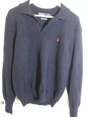 Polo Ralph Lauren Sweater Mens Large Navy Blue 100% Lambs Wool Button Up Polo • $29.90