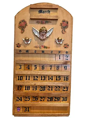 Vintage Perpetual Calendar Wooden Angels Cupid Kitschy 60-70’s MCM Adorable • $55