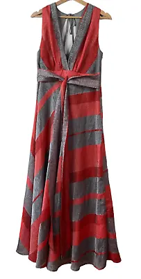 $79.99 • Buy EVA BY EVA FRANCO Dress Sz 12 Maxi A Line V Neck High Waist Striped Red Gray NWT