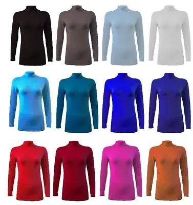 Ladies Turtle Neck Women Casual High Polo Neck Long Sleeve Ribbed Jumper Top • £8.99