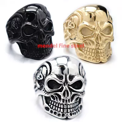 MENDEL Gold Plated Black Stainless Steel Mens Gothic Biker Skull Ring Size 7-15 • $13.99