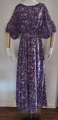 Vintage 70's Floral Maxi Dress Balloon Sheer Split Sleeves Boho M • $32.99