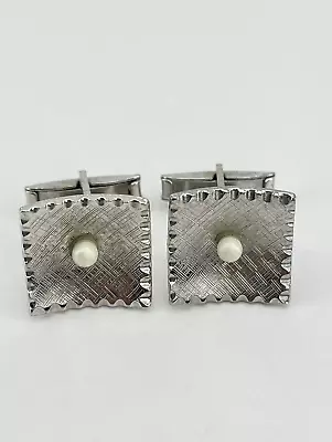 Vintage Faux Pearl Mens Cufflinks Concave Brushed Silver Tone Scalloped Edge • $12