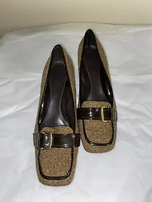 Enzo Angiolini Womens Shoes Sz 9m Brown Tweed Patent Block Heel Buckle On Top • $28