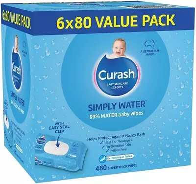 Curash Simply Water Baby Wipes - Ideal For Newborns.  Pack Of 480 (6 X 80 Pack) • $30.99