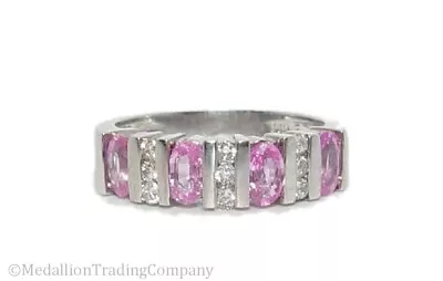 14k White Gold Pink Sapphire Diamond Channel Set Half Eternity Ring Size 5.5 • $399.95