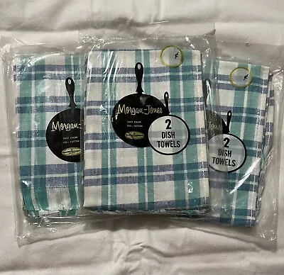 Vintage NOS Morgan-Jones 6 Blue Aqua Plaid Kitchen Dish Towels Napkin Fringe USA • $39.99