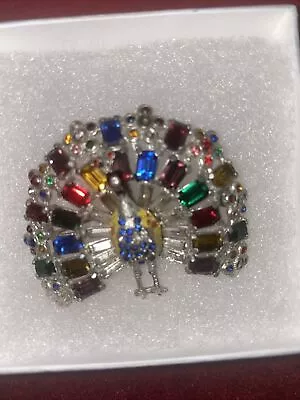 Vintage Mid Century Muilti Faceted Multi Colored Rhinestone Peacock Brooch  • $18